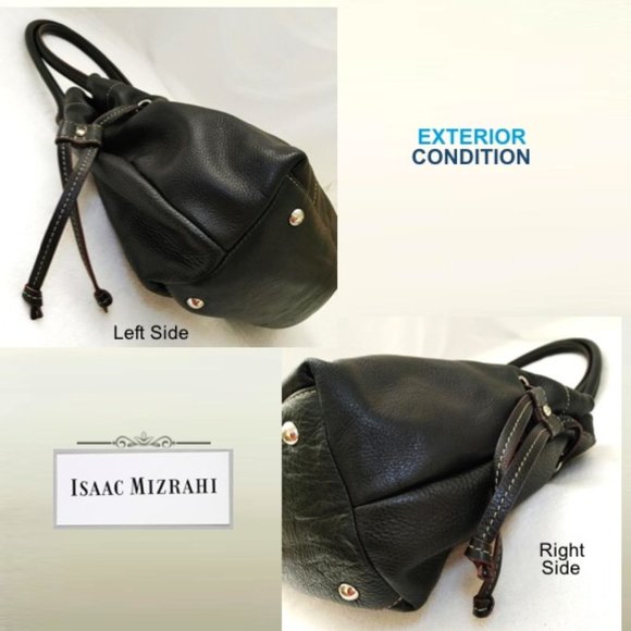 Isaac Mizrahi Black Leather Shoulder Bag Handbag Tote Satchel Magnet Drawstrings - Picture 7 of 13